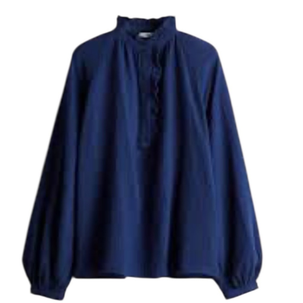 H&M Blouse Small Navy Blue Cotton Gauze Ruffle Neck Balloon Sleeve Boho Cottage - Picture 10 of 10